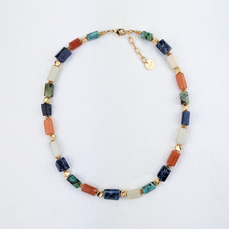 Collier Fantaisie Bleu Et Orange - Bijou D'occasion, Sans Marque